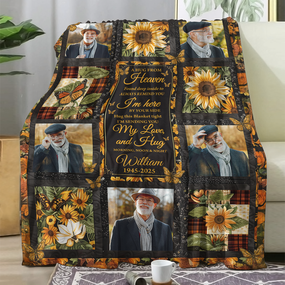 Hugs From Heaven sunflower memorial blanket, personalized with name and dates, a thoughtful sympathy gift.