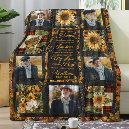 Hugs From Heaven sunflower memorial blanket, personalized with name and dates, a thoughtful sympathy gift.