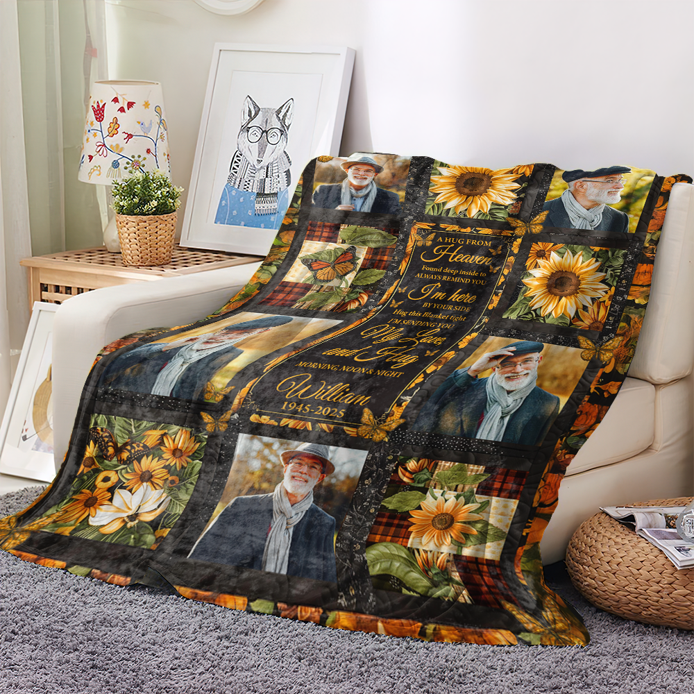 Hugs From Heaven sunflower memorial blanket, personalized with name and dates, a thoughtful sympathy gift.