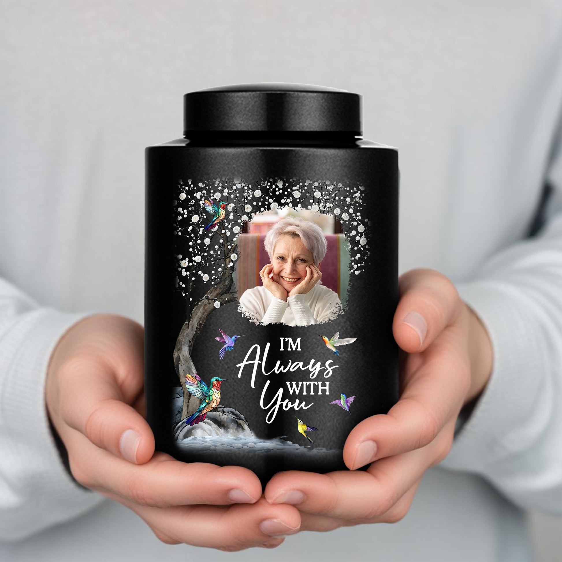 I Am Always With You keepsake wings urn for ashes. Stainless steel memorial urn for remembrance.