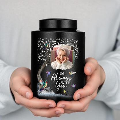 I Am Always With You keepsake wings urn for ashes. Stainless steel memorial urn for remembrance.