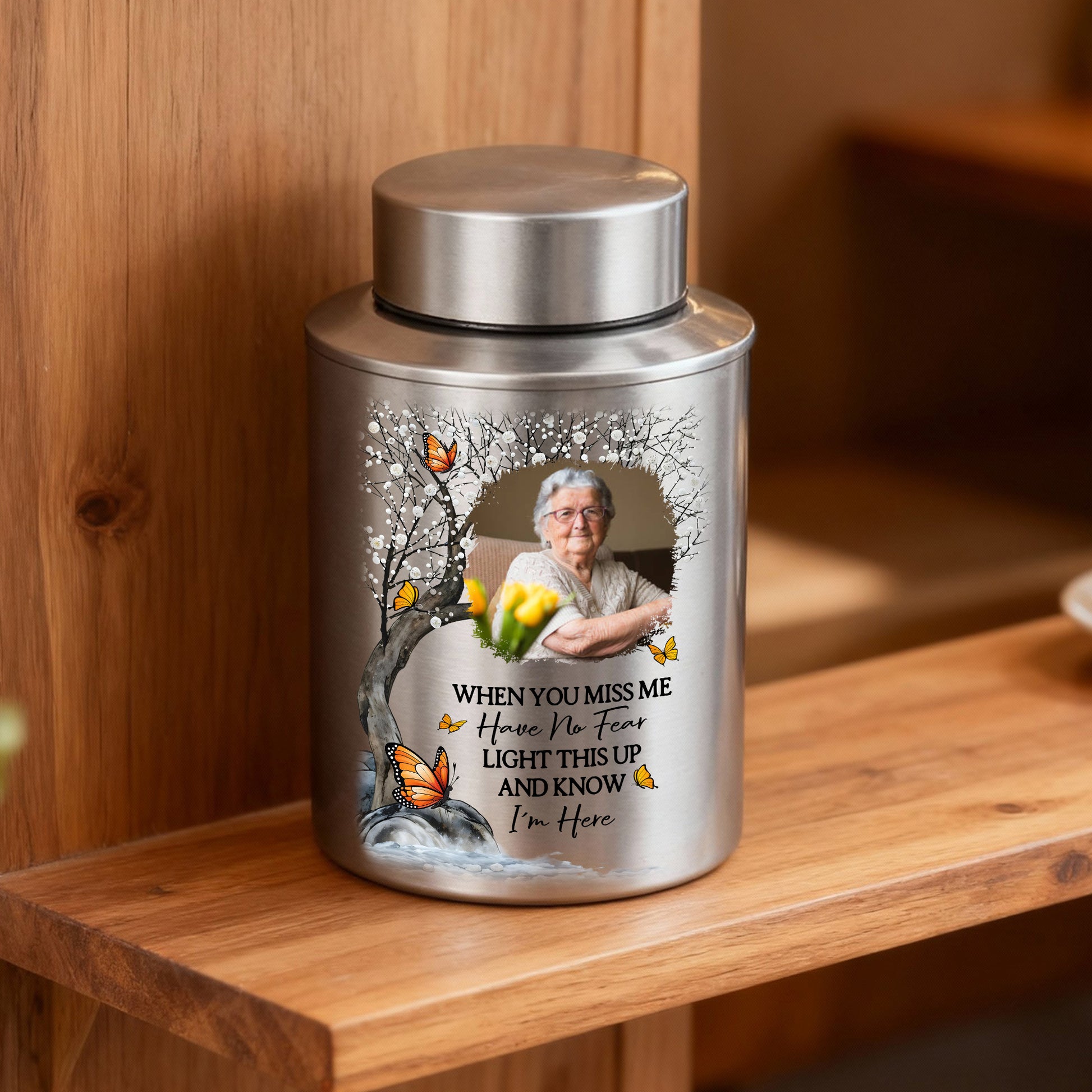 I Am Always With You keepsake wings urn for ashes. Stainless steel memorial urn for remembrance.