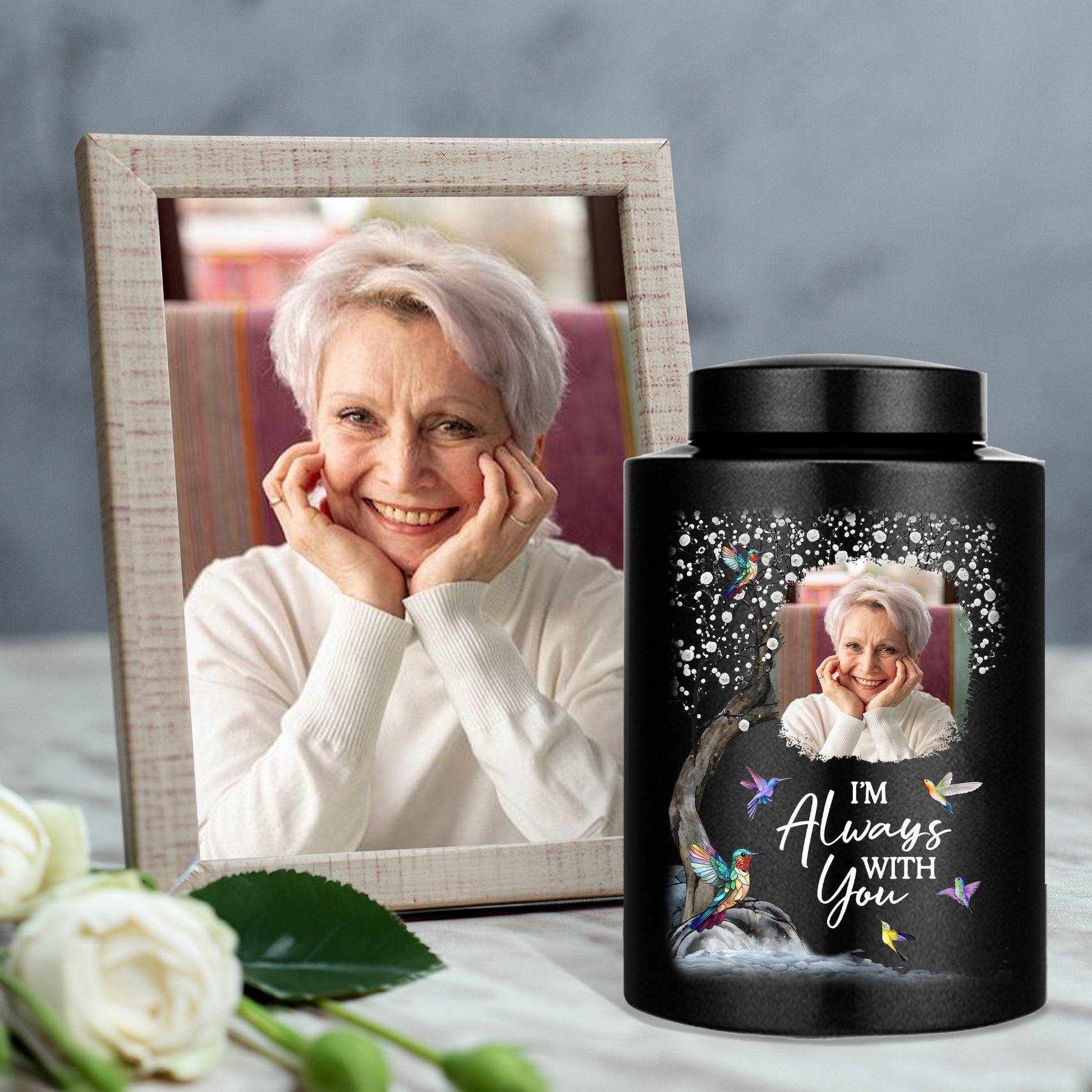 I Am Always With You keepsake wings urn for ashes. Stainless steel memorial urn for remembrance.