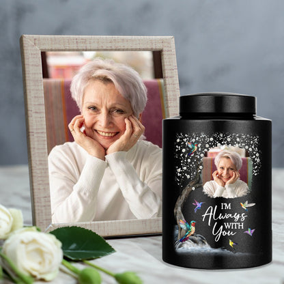 I Am Always With You keepsake wings urn for ashes. Stainless steel memorial urn for remembrance.