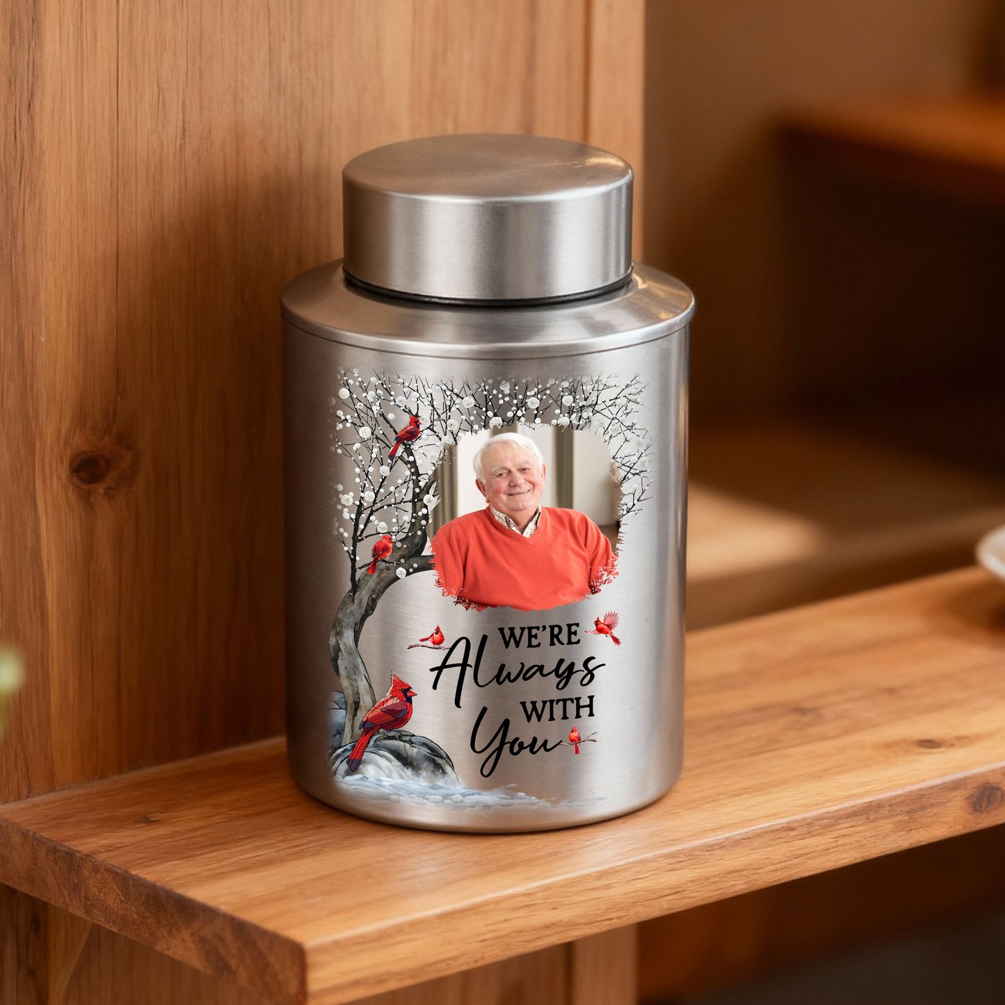 I Am Always With You keepsake wings urn for ashes. Stainless steel memorial urn for remembrance.