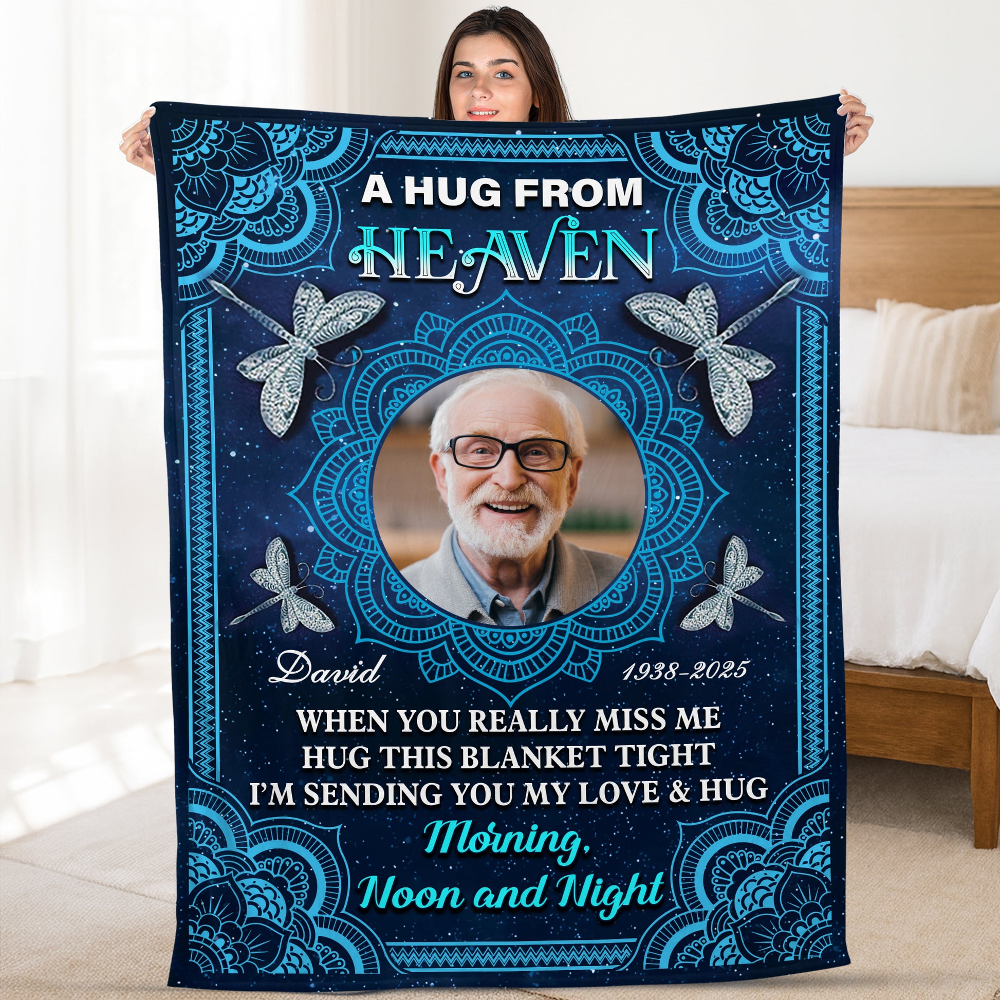 Personalized memorial blanket with mandala design and "I am always with you" message.