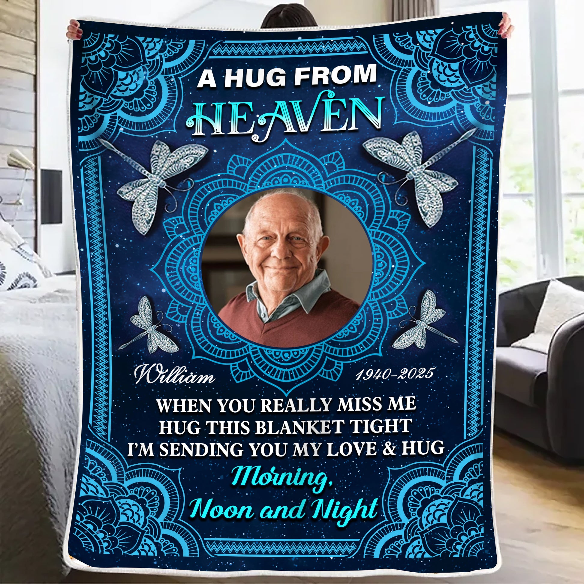 Personalized memorial blanket with mandala design and "I am always with you" message.