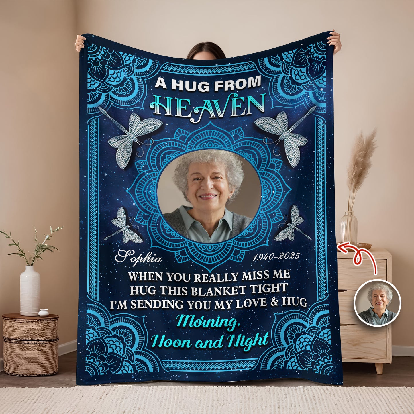 Personalized memorial blanket with mandala design and "I am always with you" message.