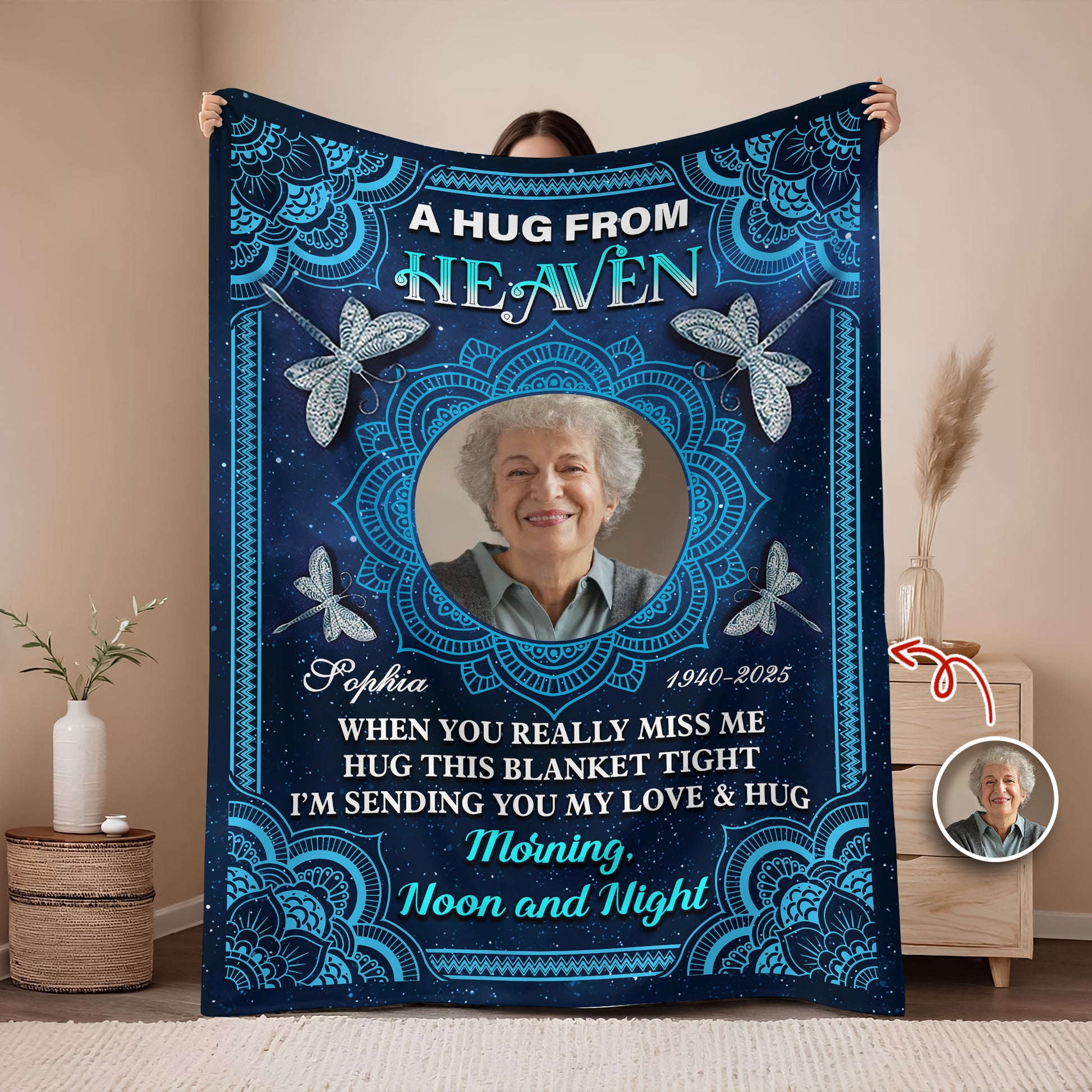 Personalized memorial blanket with mandala design and "I am always with you" message.