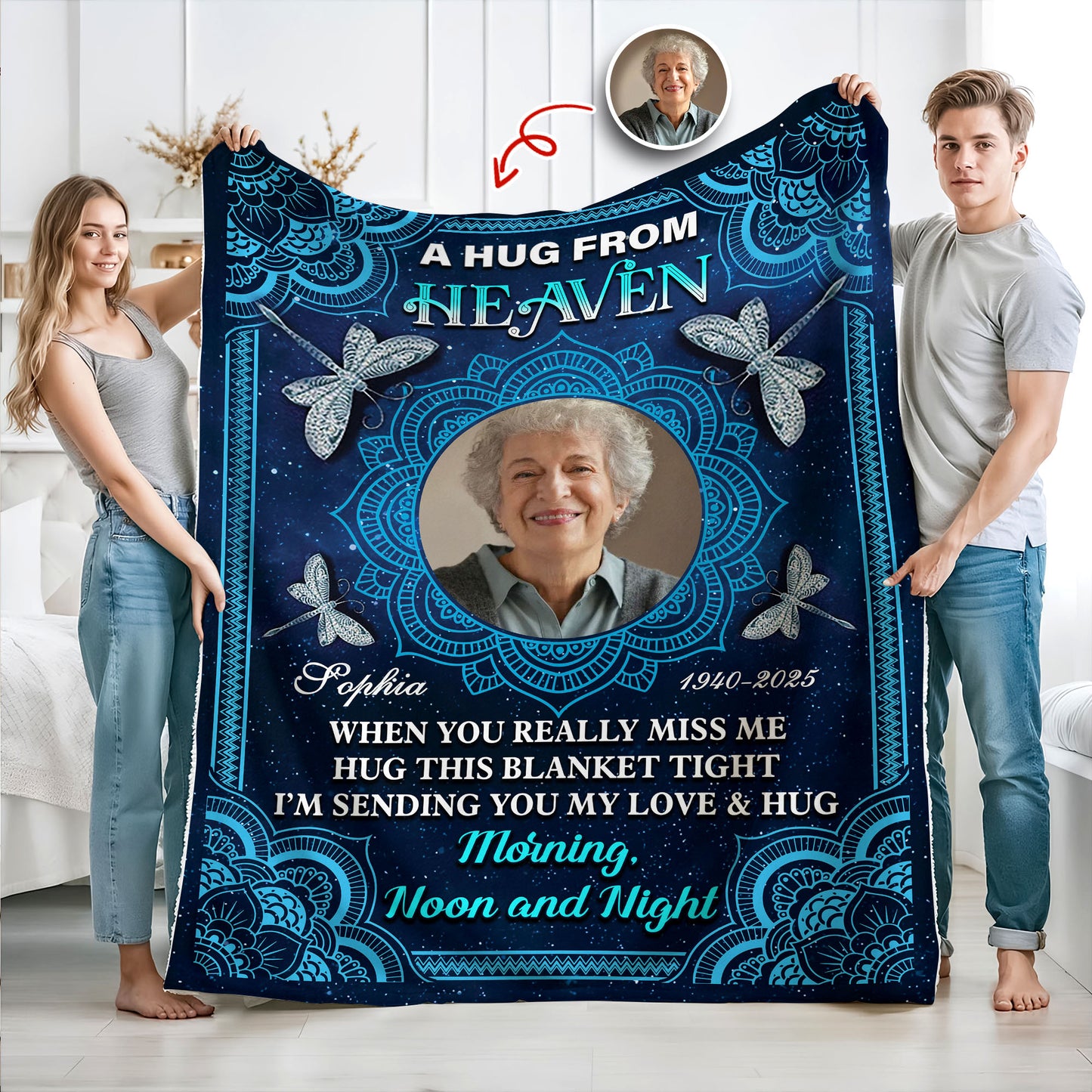 Personalized memorial blanket with mandala design and "I am always with you" message.