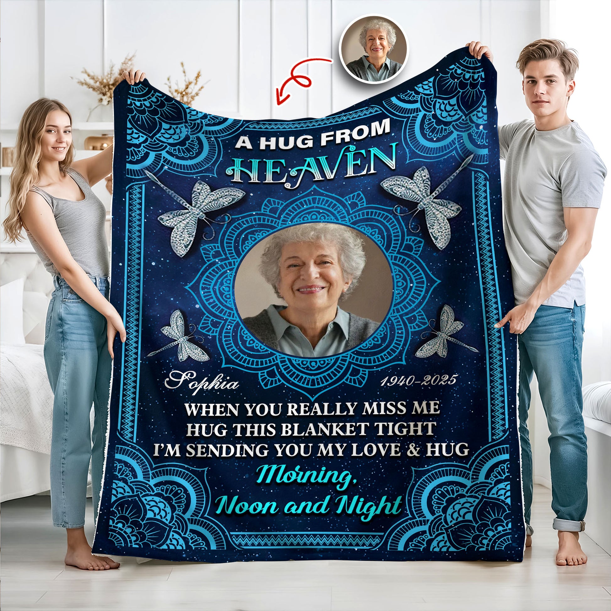 Personalized memorial blanket with mandala design and "I am always with you" message.