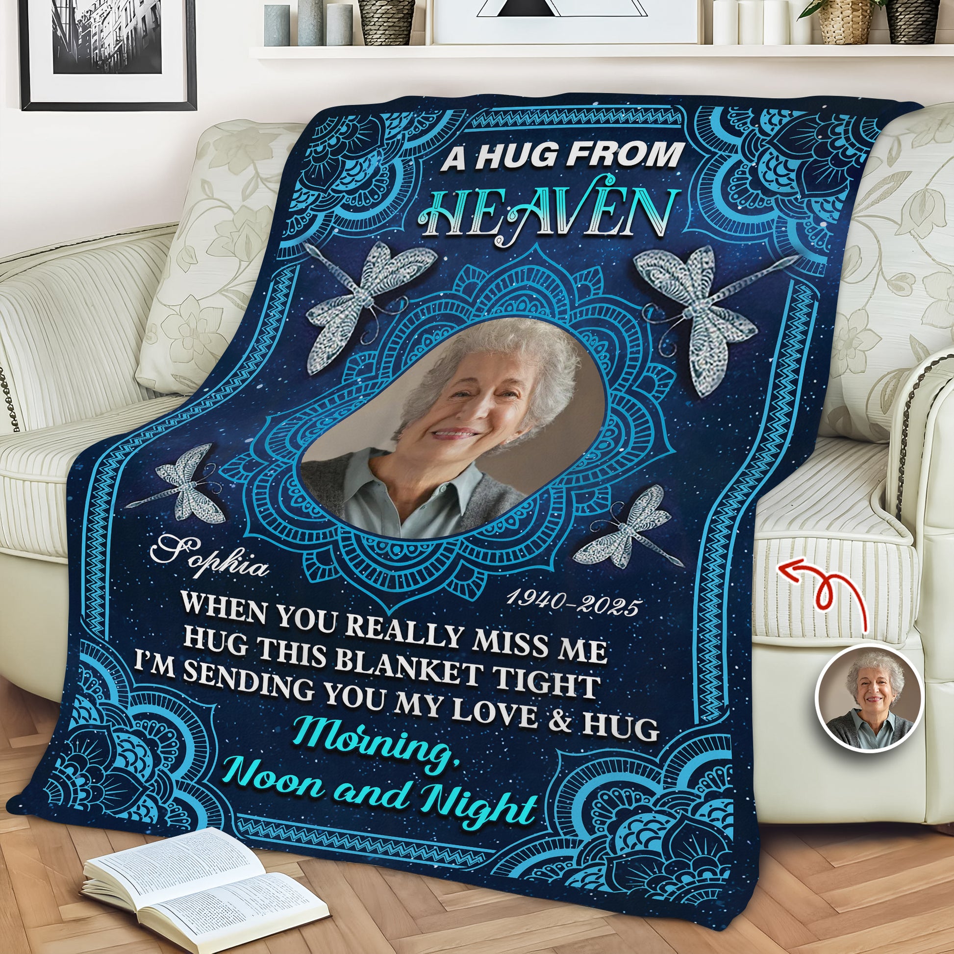 Personalized memorial blanket with mandala design and "I am always with you" message.