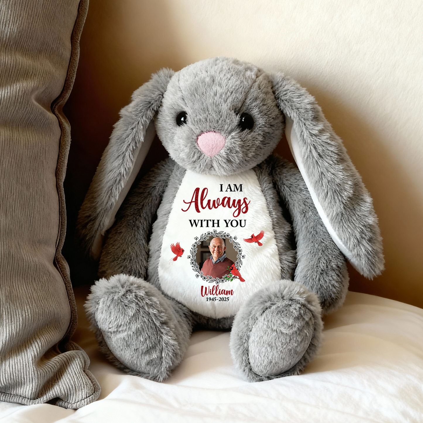 Personalized memorial plush bunny rabbit with "I am always with you" message, a comforting keepsake.