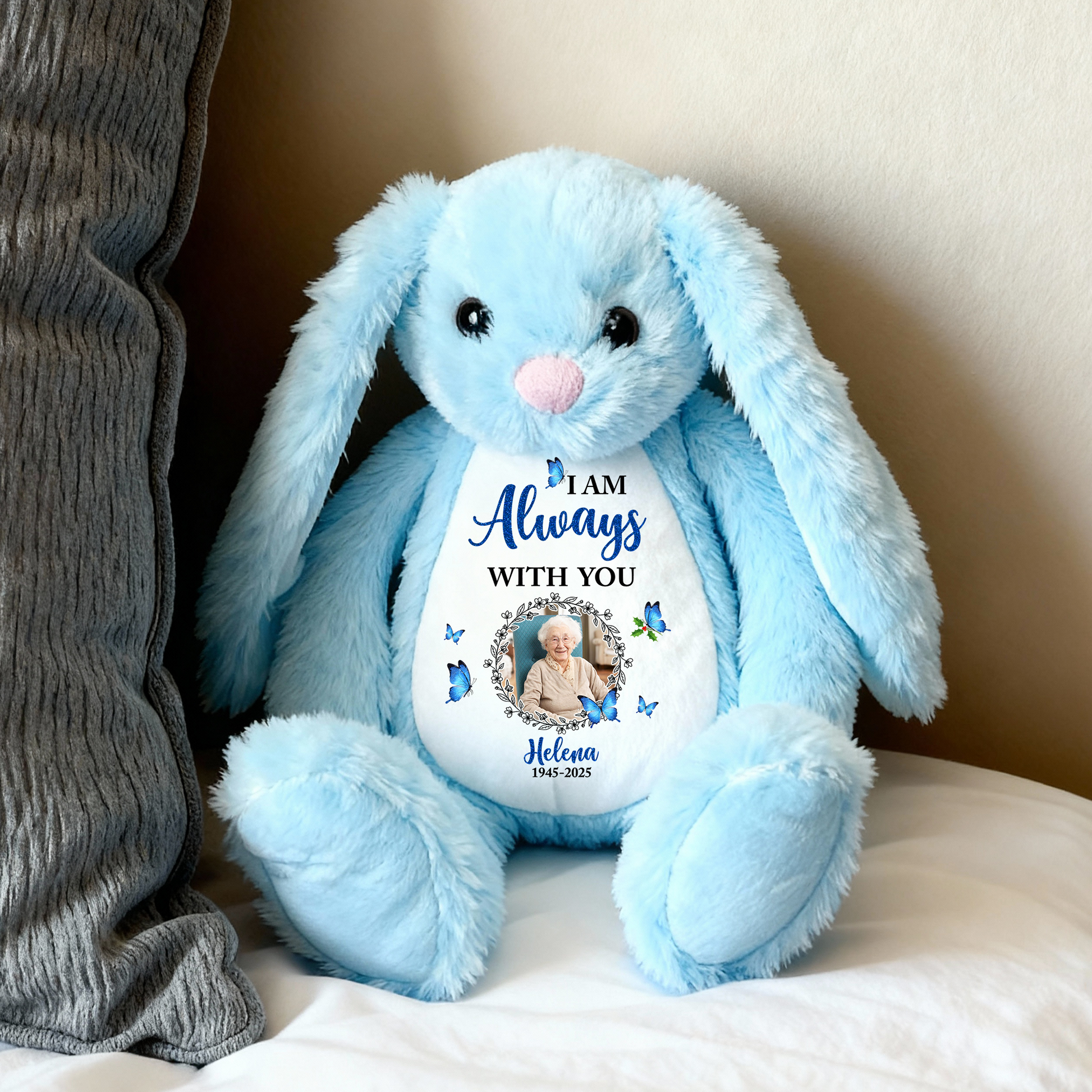 Personalized memorial plush bunny rabbit with "I am always with you" message, a comforting keepsake.