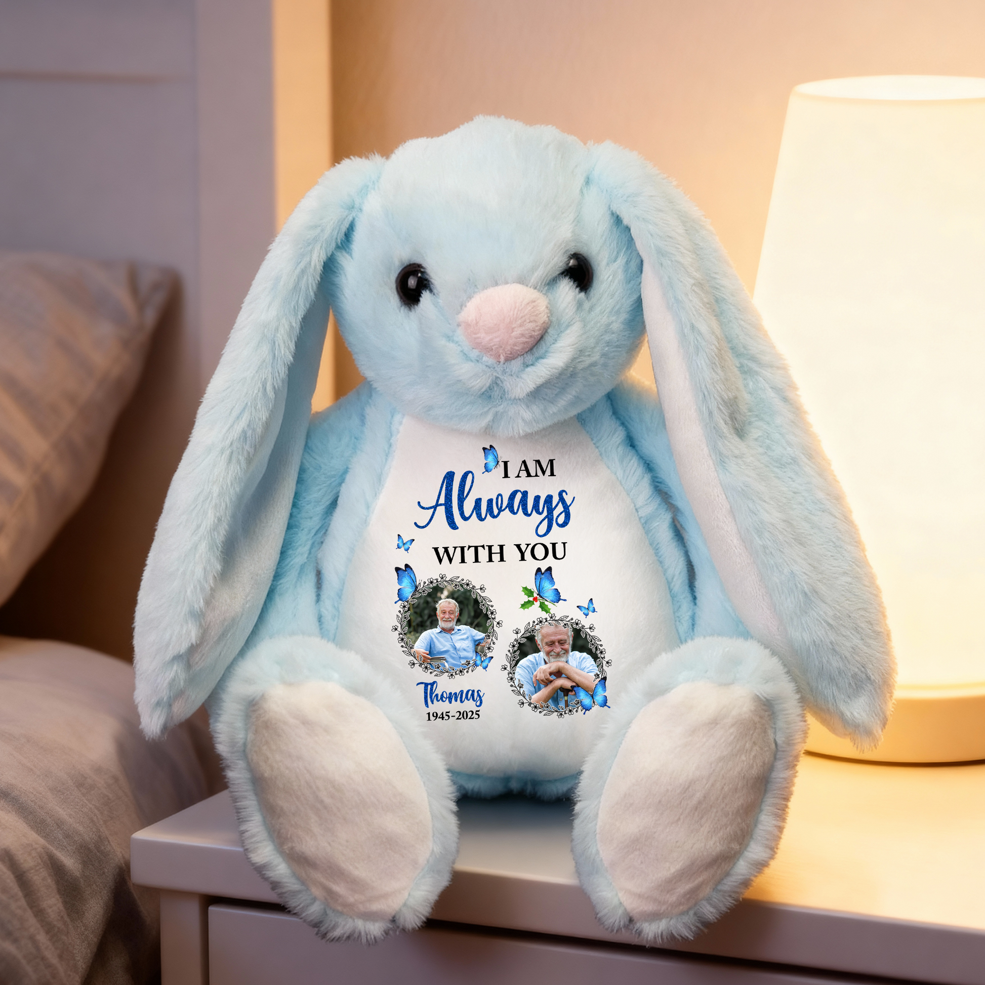 Personalized memorial plush bunny rabbit with "I am always with you" message, a comforting keepsake.
