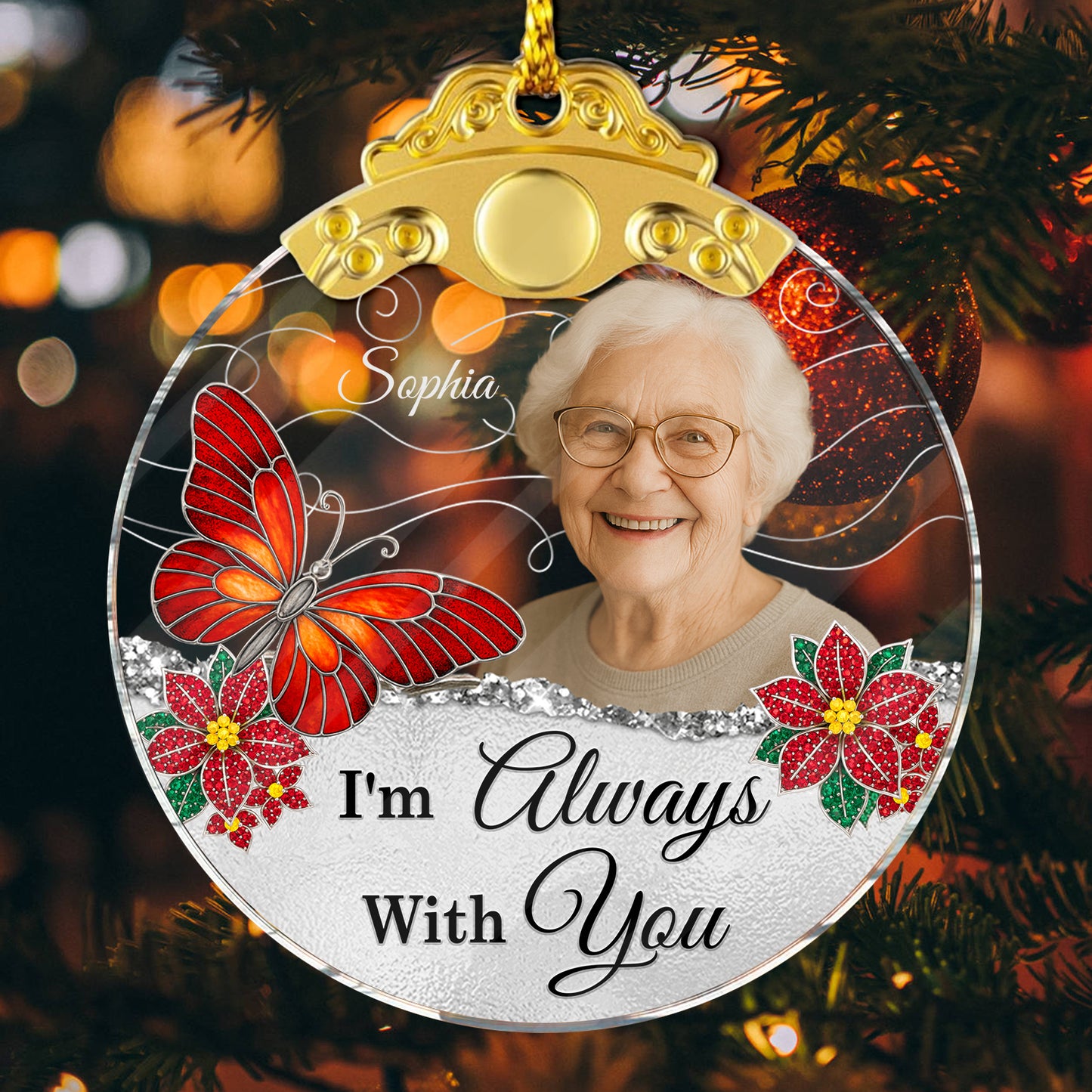 Personalized "I Am Always With You" glass ornament with silver and gold cap.