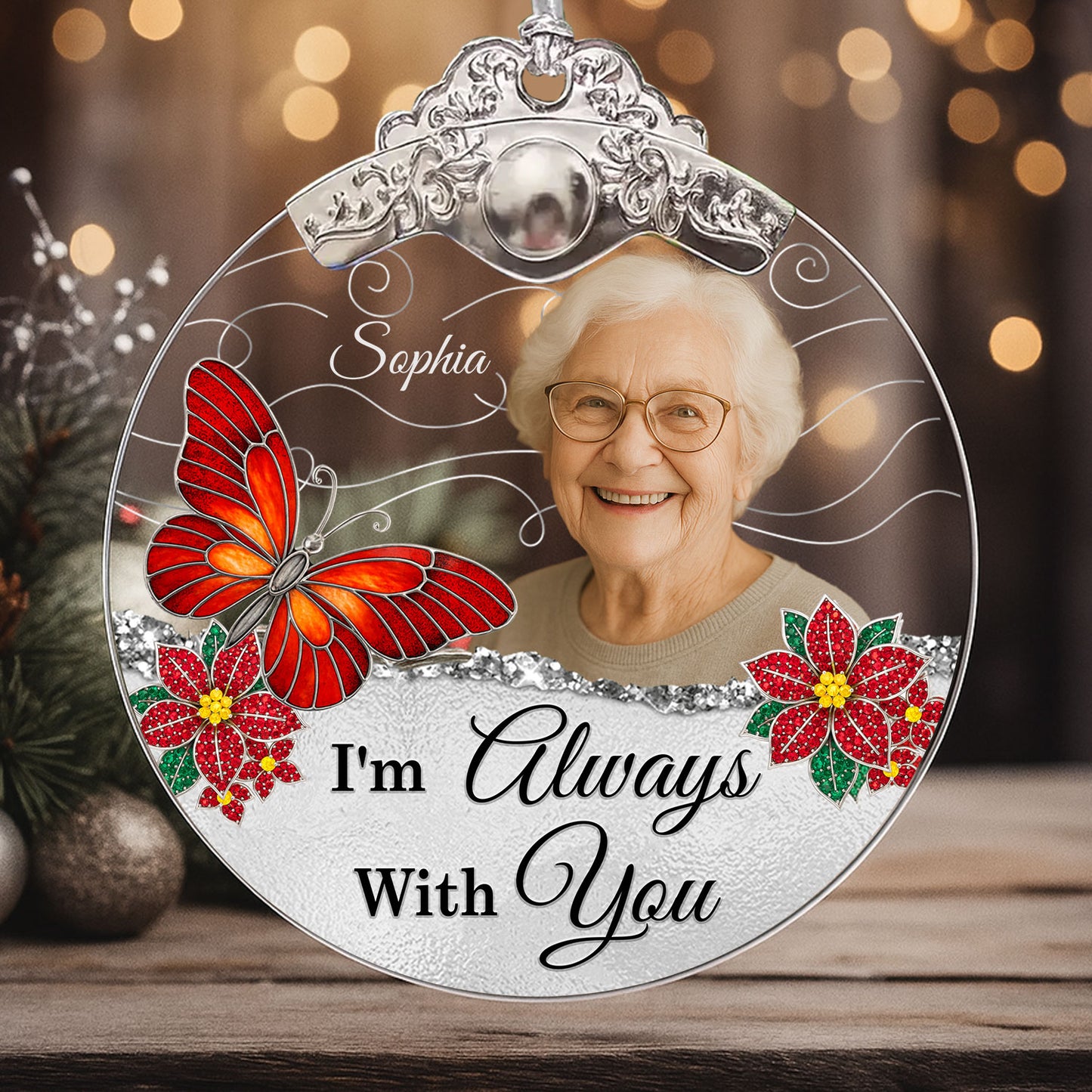 Personalized "I Am Always With You" glass ornament with silver and gold cap.
