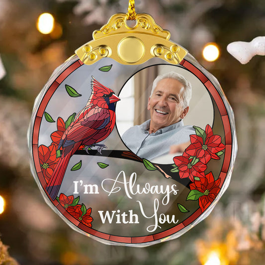Personalized "I Am Always With You" glass ornament with silver and gold cap.