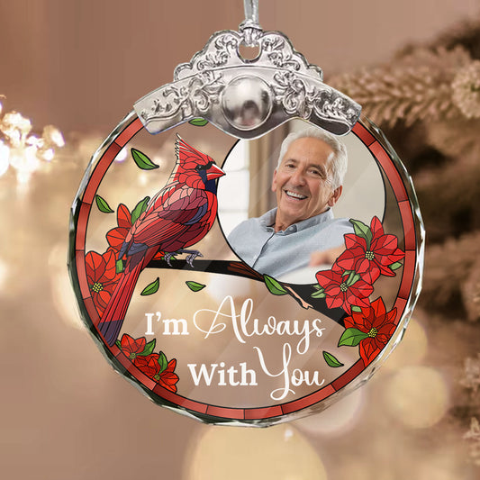 Personalized "I Am Always With You" glass ornament with silver and gold cap.