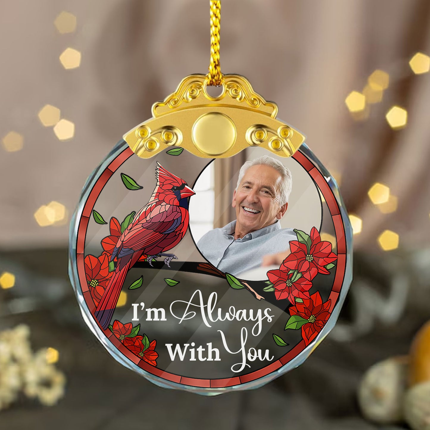 Personalized "I Am Always With You" glass ornament with silver and gold cap.