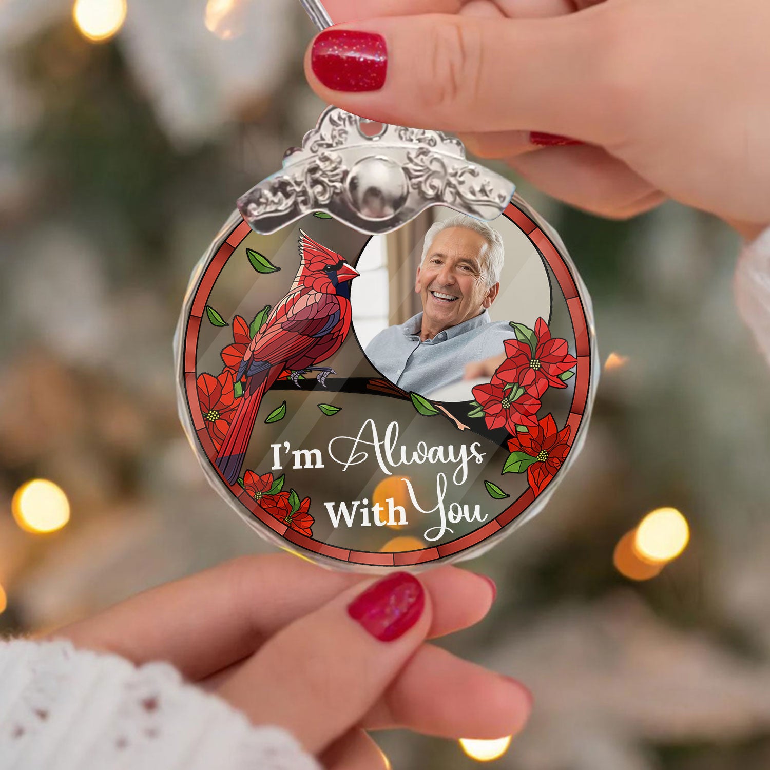 Personalized "I Am Always With You" glass ornament with silver and gold cap.