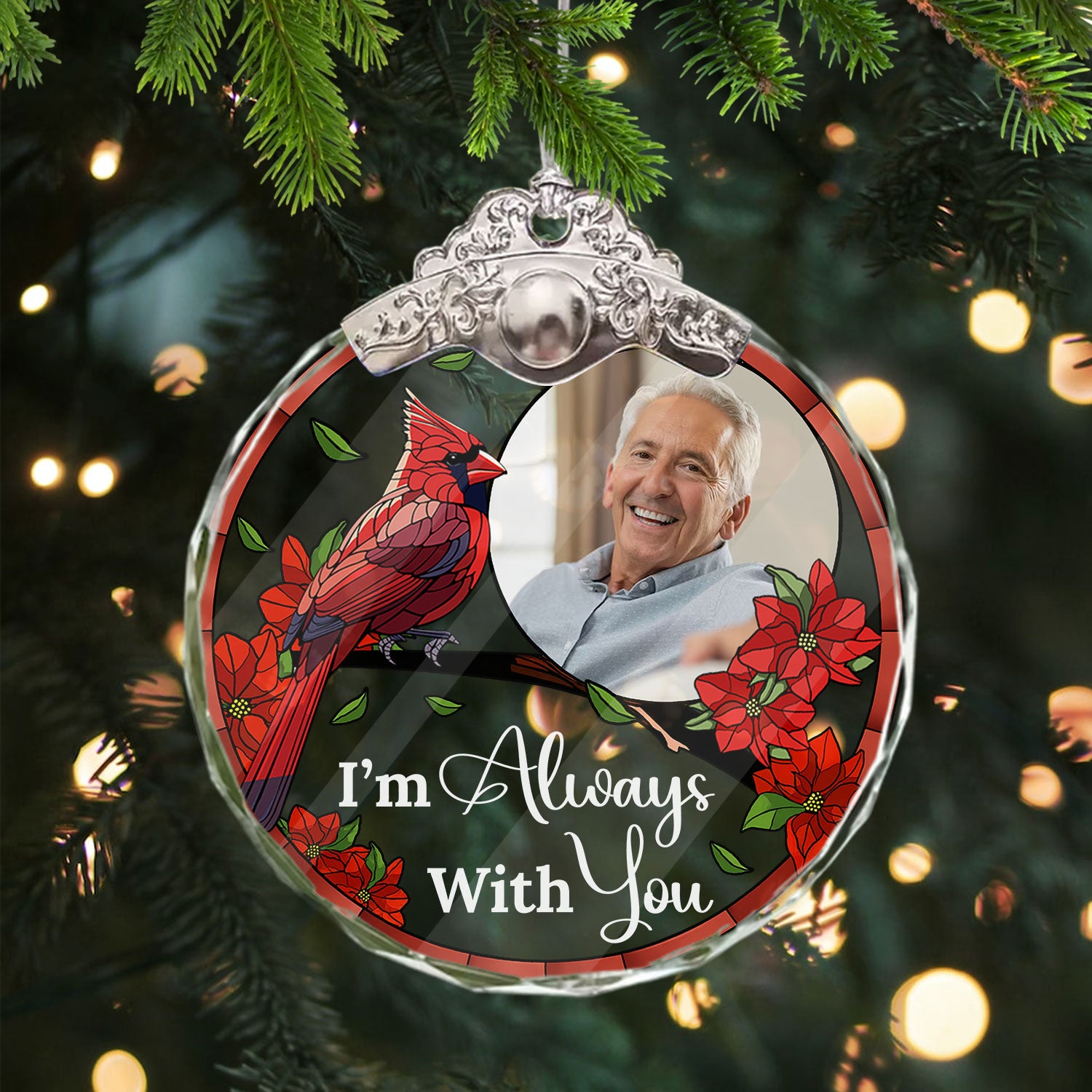 Personalized "I Am Always With You" glass ornament with silver and gold cap.