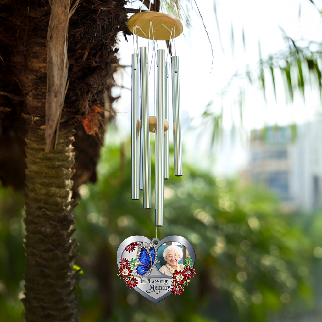 Personalized memorial wind chime with custom suncatcher detail, "I am always with you" inscription.