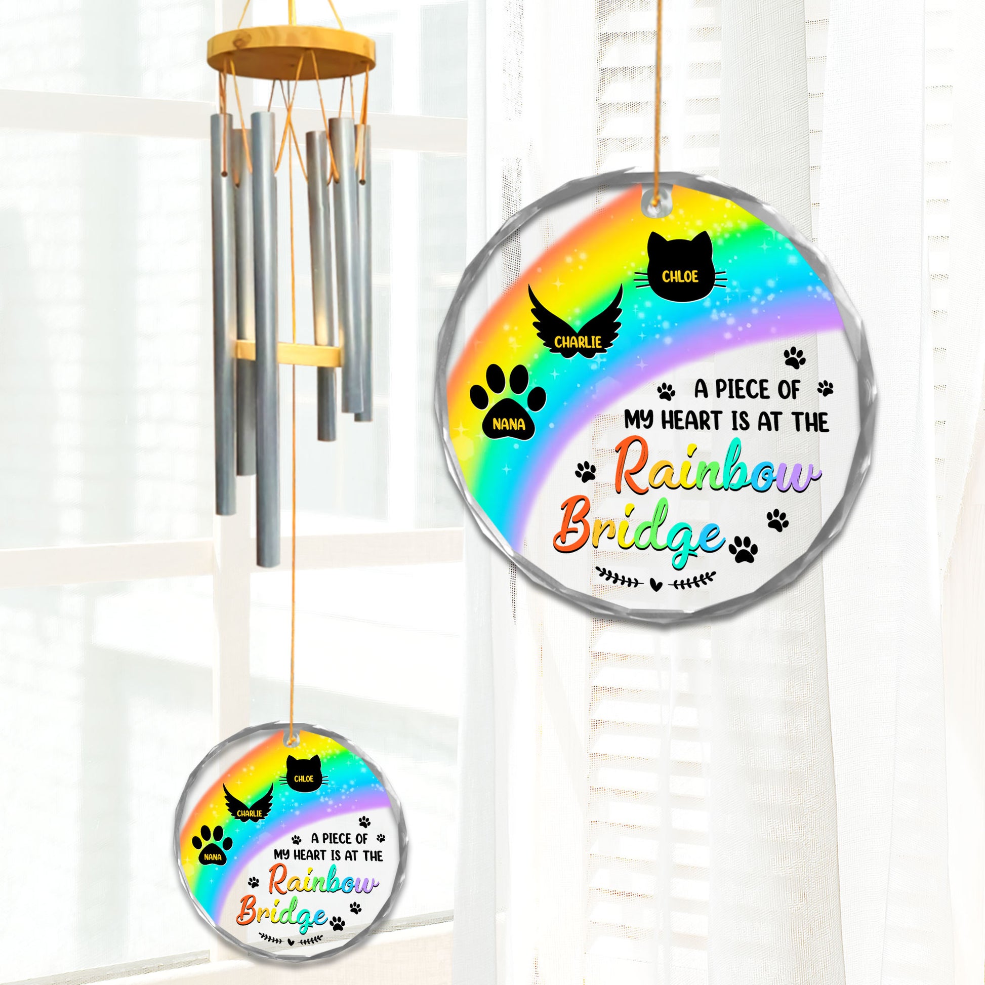Personalized memorial wind chime with glass ornament, "I am always with you" inscription.