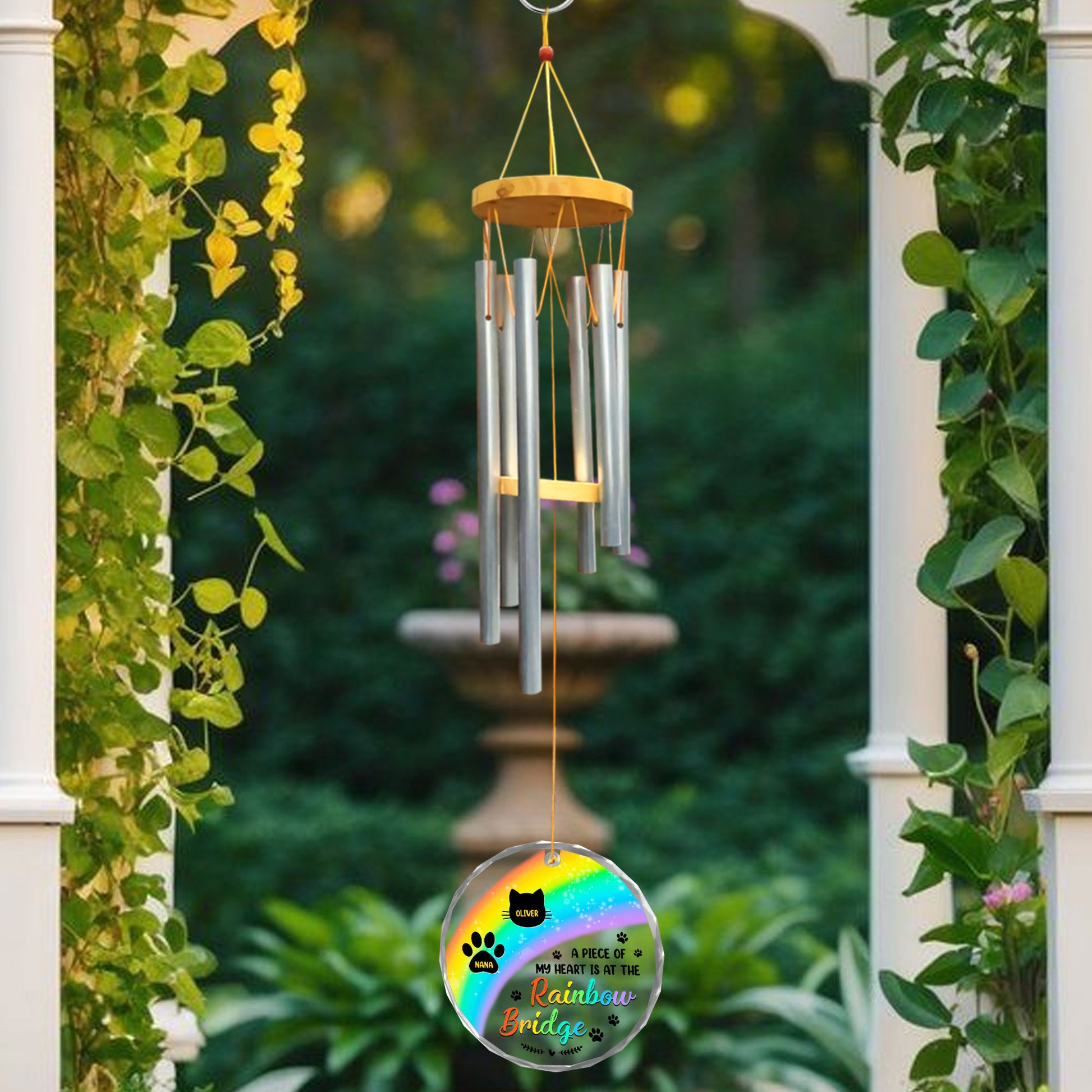 Personalized memorial wind chime with glass ornament, "I am always with you" inscription.