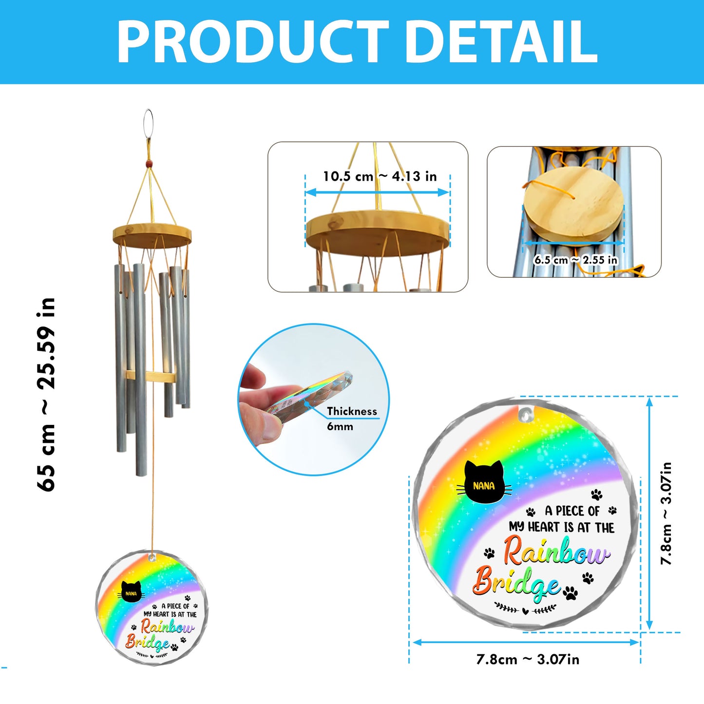 Personalized memorial wind chime with glass ornament, "I am always with you" inscription.