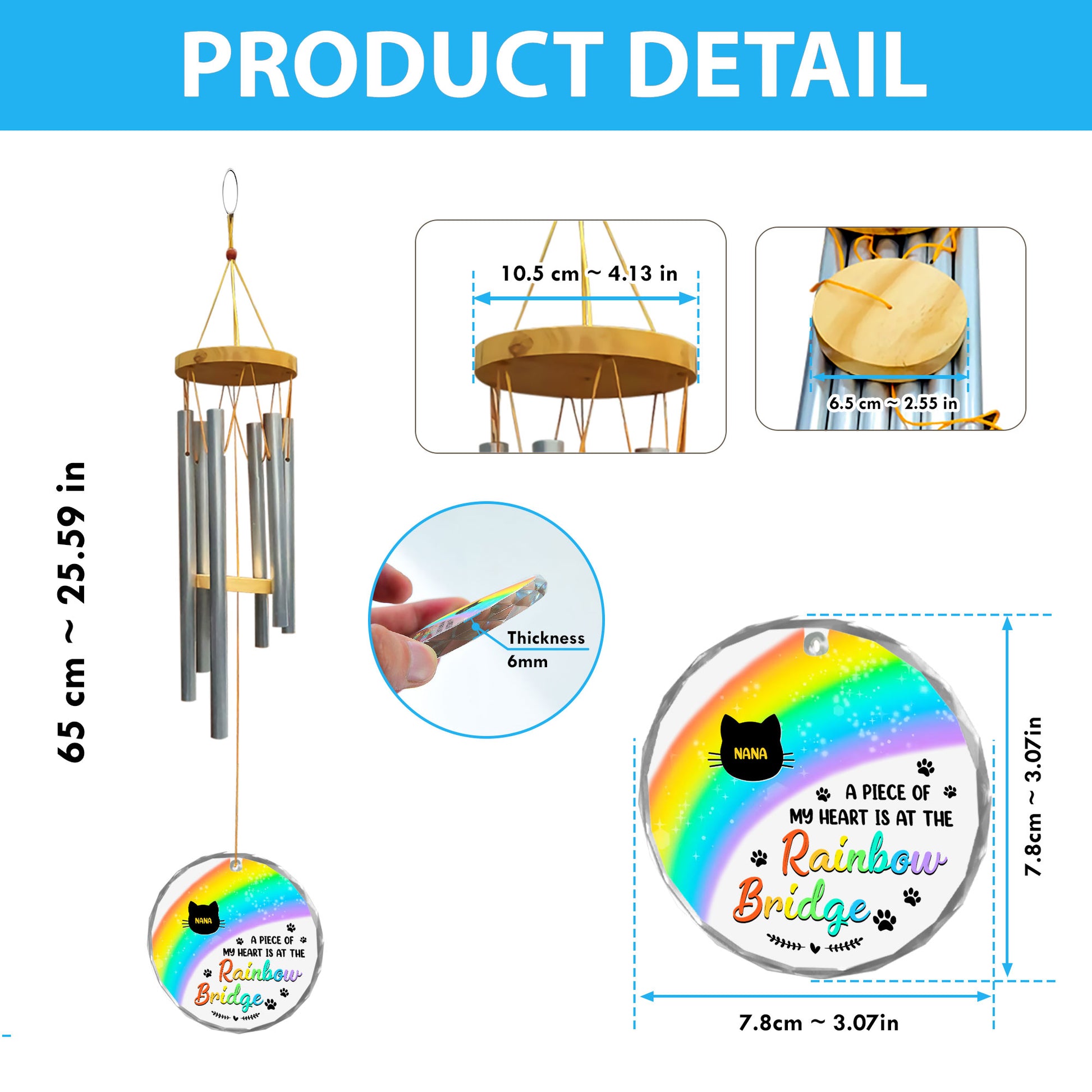 Personalized memorial wind chime with glass ornament, "I am always with you" inscription.