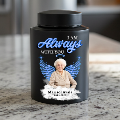 Stainless steel wings urn for ashes, a beautiful "I am always with you" keepsake.