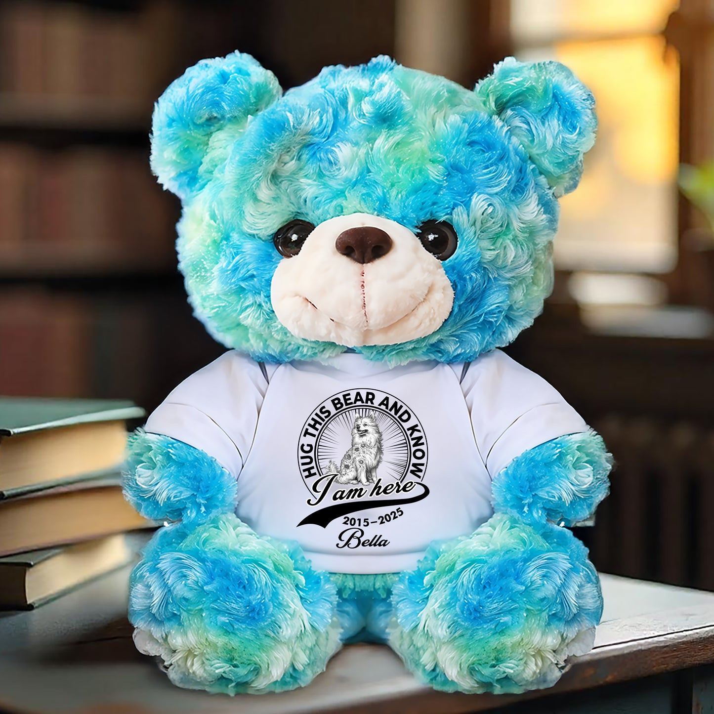 Personalized "I Am Here" Teddy Bear Plush. Custom stuffed animal for kids with unique message.