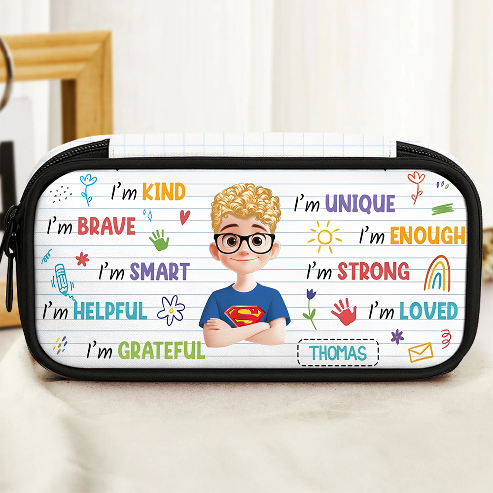 Personalized pencil case with "I am kind and brave" design for kids.