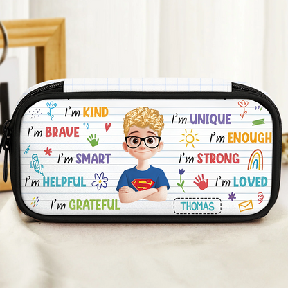 Personalized pencil case with "I am kind and brave" design for kids.