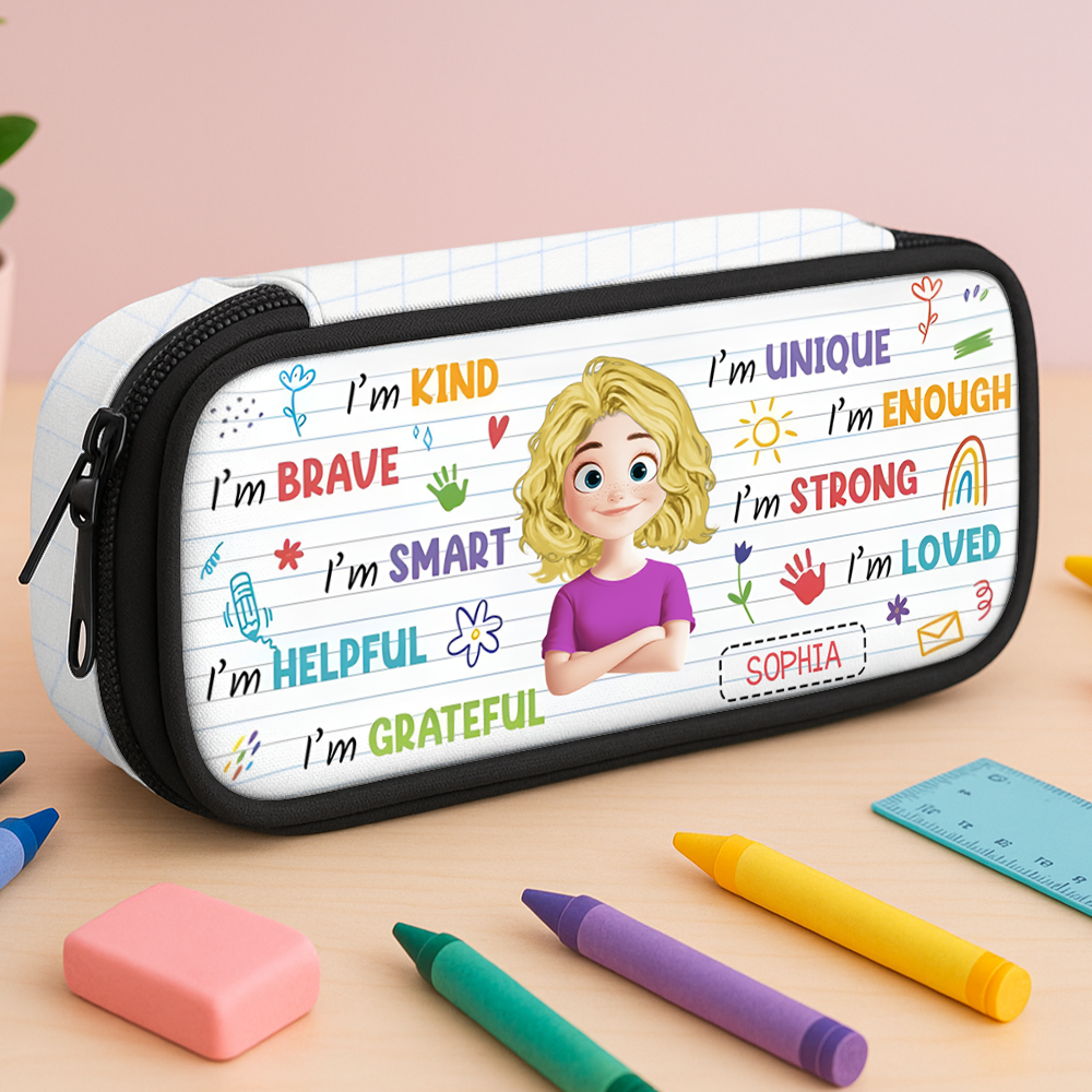Personalized pencil case with "I am kind and brave" design for kids.