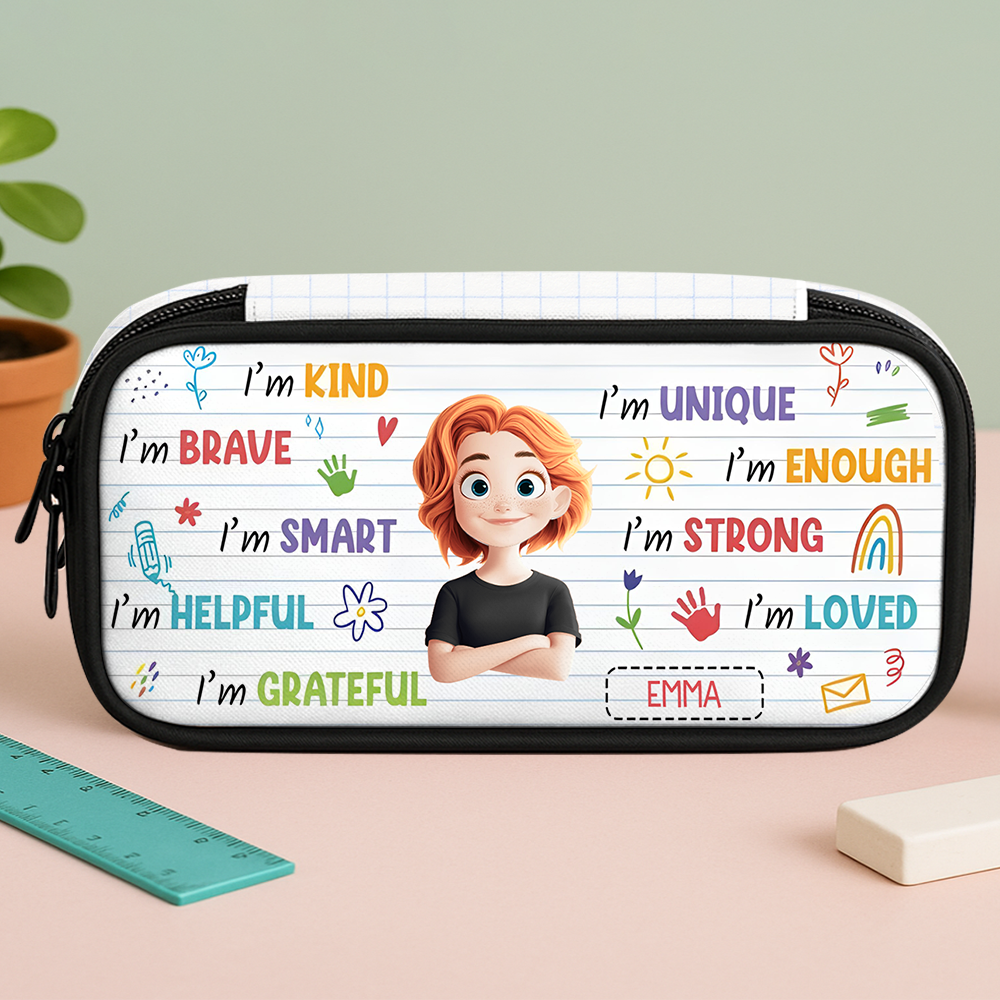 Personalized pencil case with "I am kind and brave" design for kids.