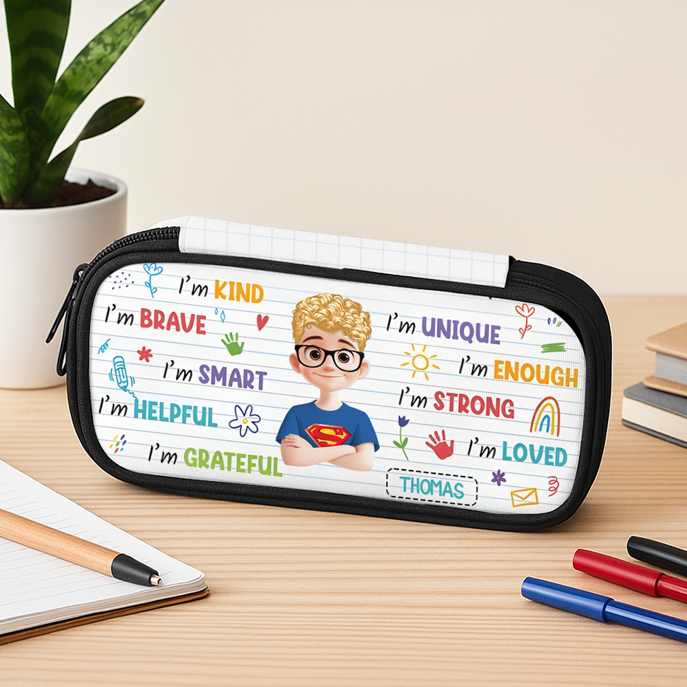 Personalized pencil case with "I am kind and brave" design for kids.