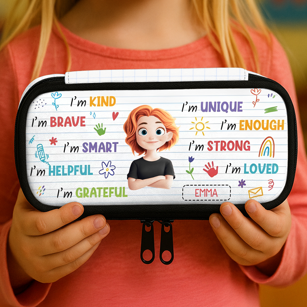 Personalized pencil case with "I am kind and brave" design for kids.
