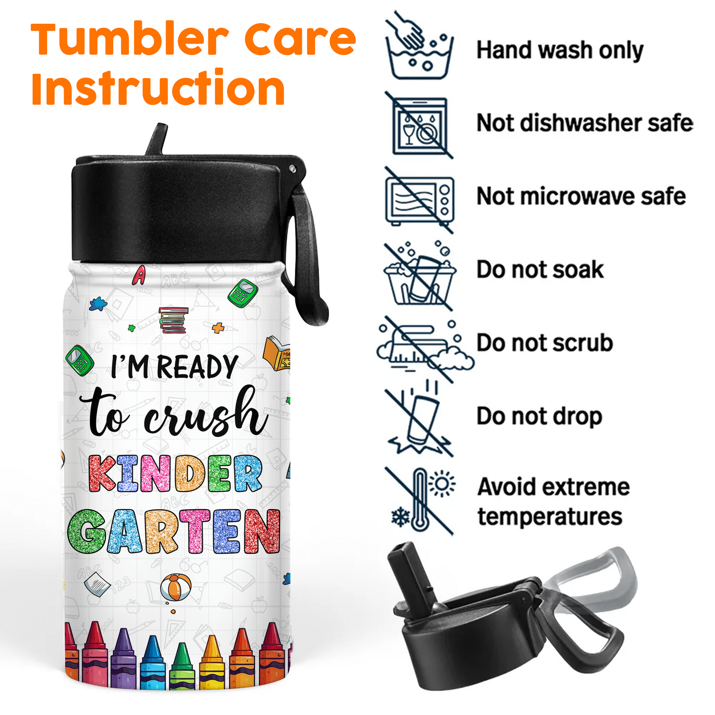 I Am Ready back to school water bottle, stainless steel, straw lid, 12 oz.