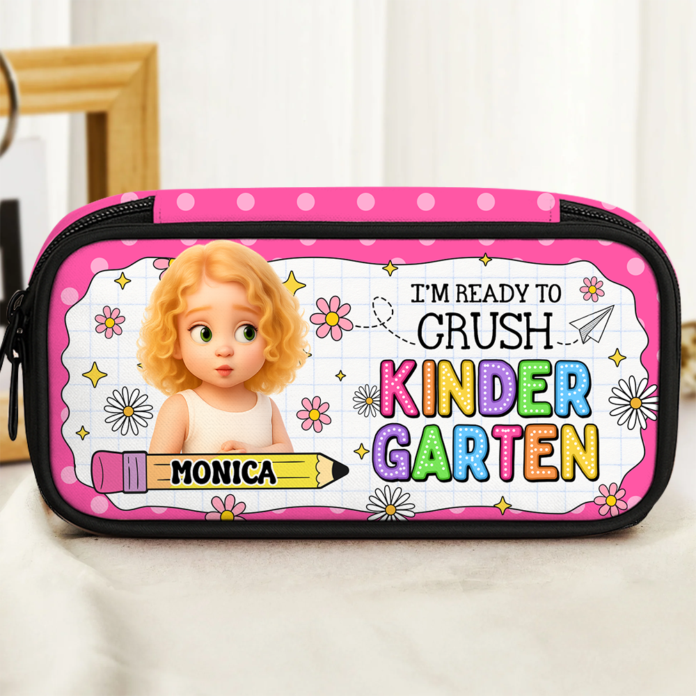 Personalized "I am Ready to Crush" pencil case with pencils and motivational quote.