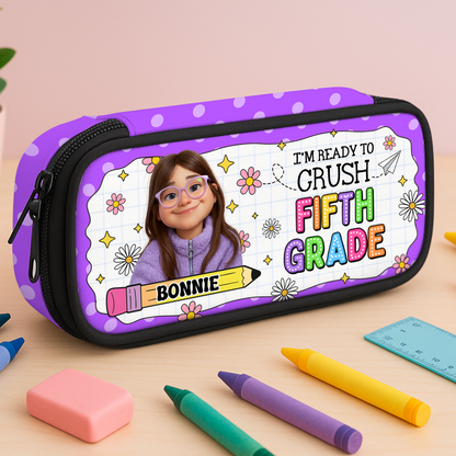 Personalized "I am Ready to Crush" pencil case with pencils and motivational quote.