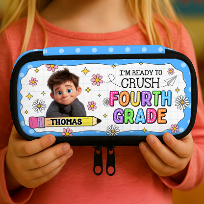 Personalized "I am Ready to Crush" pencil case with pencils and motivational quote.