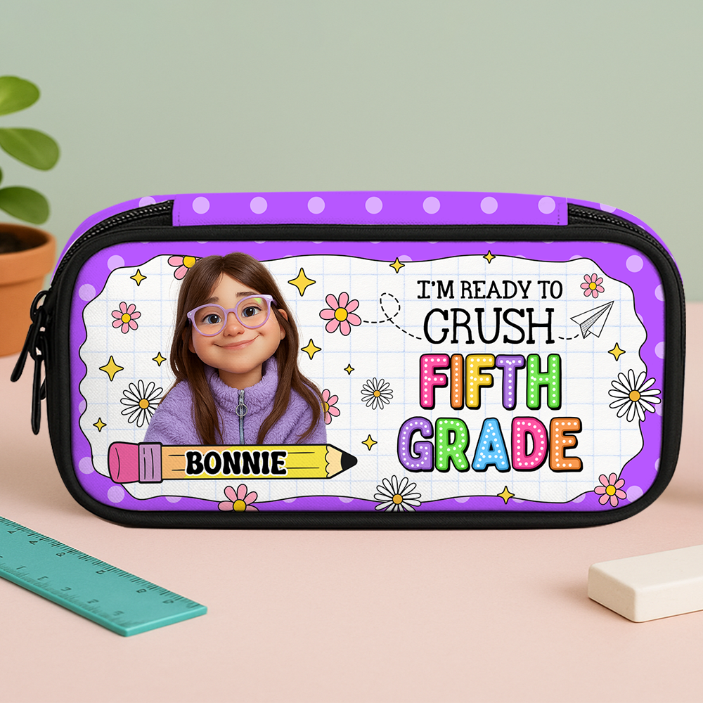 Personalized "I am Ready to Crush" pencil case with pencils and motivational quote.