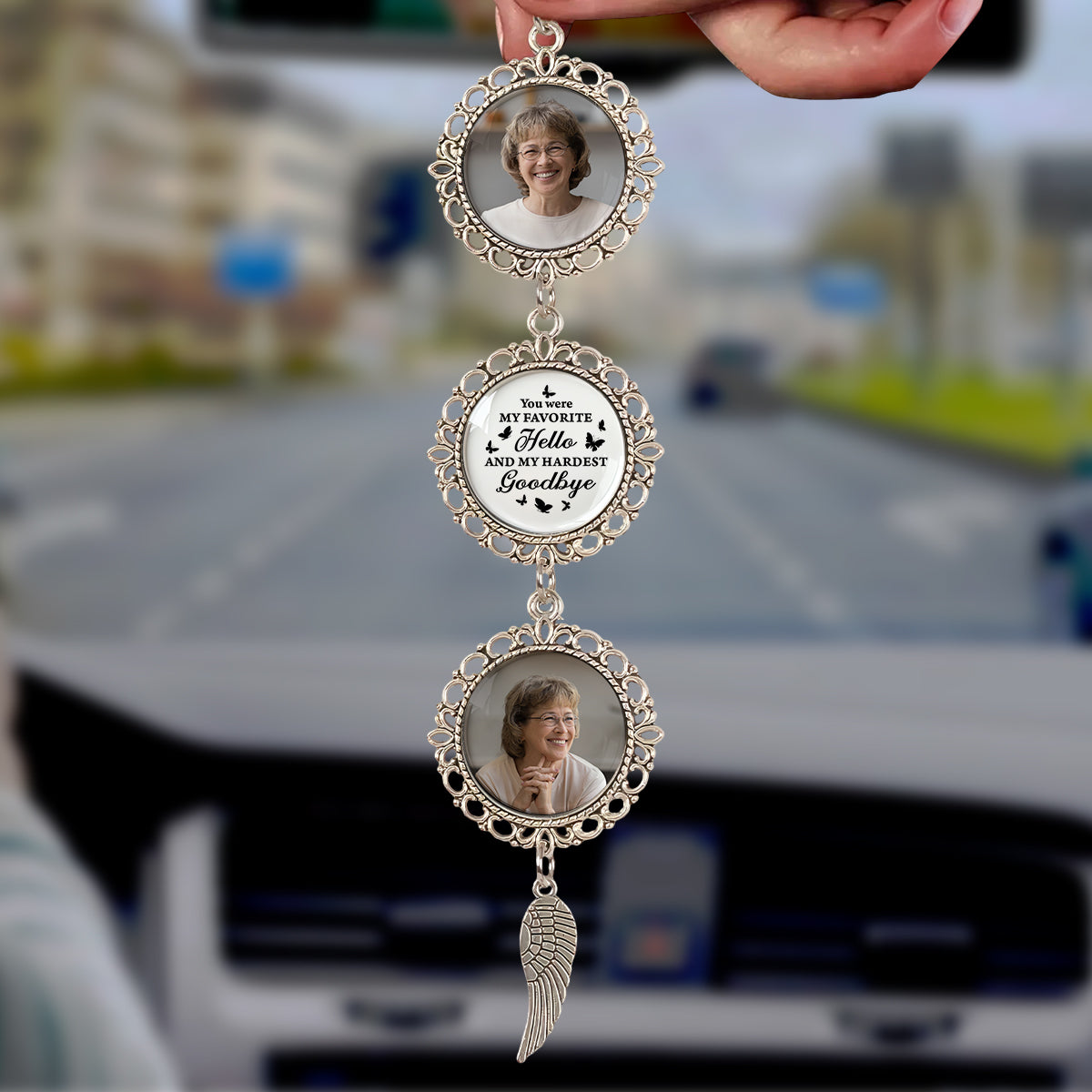 Personalized photo car ornament with angel charm. "I Have An Angel Watching Over Me" memorial gift.