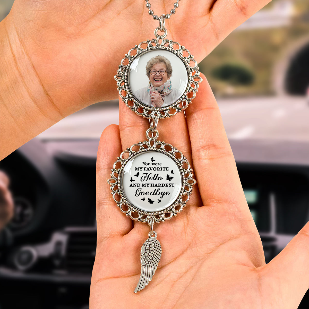 Personalized photo car ornament with angel charm. "I Have An Angel Watching Over Me" memorial gift.