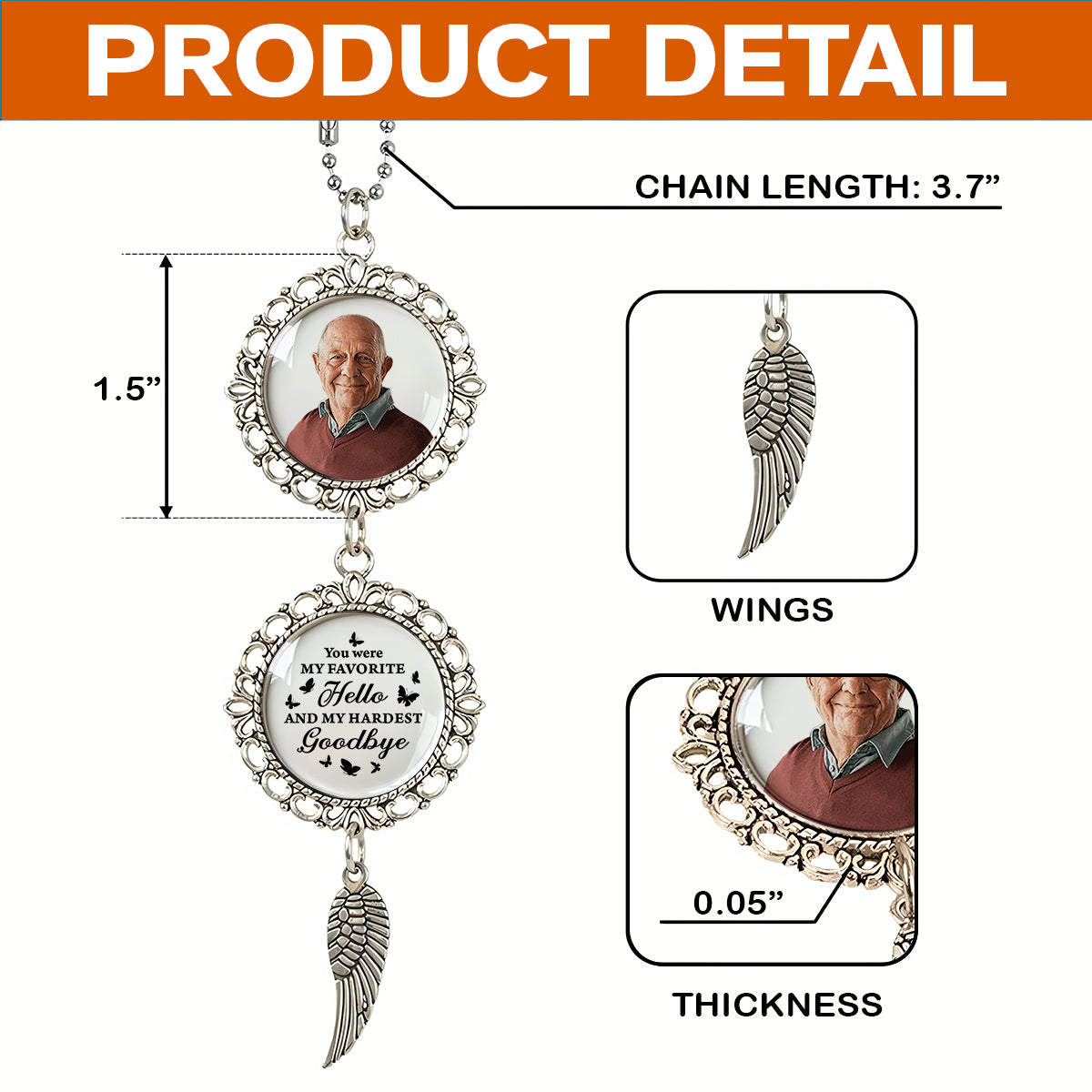 Personalized photo car ornament with angel charm. "I Have An Angel Watching Over Me" memorial gift.