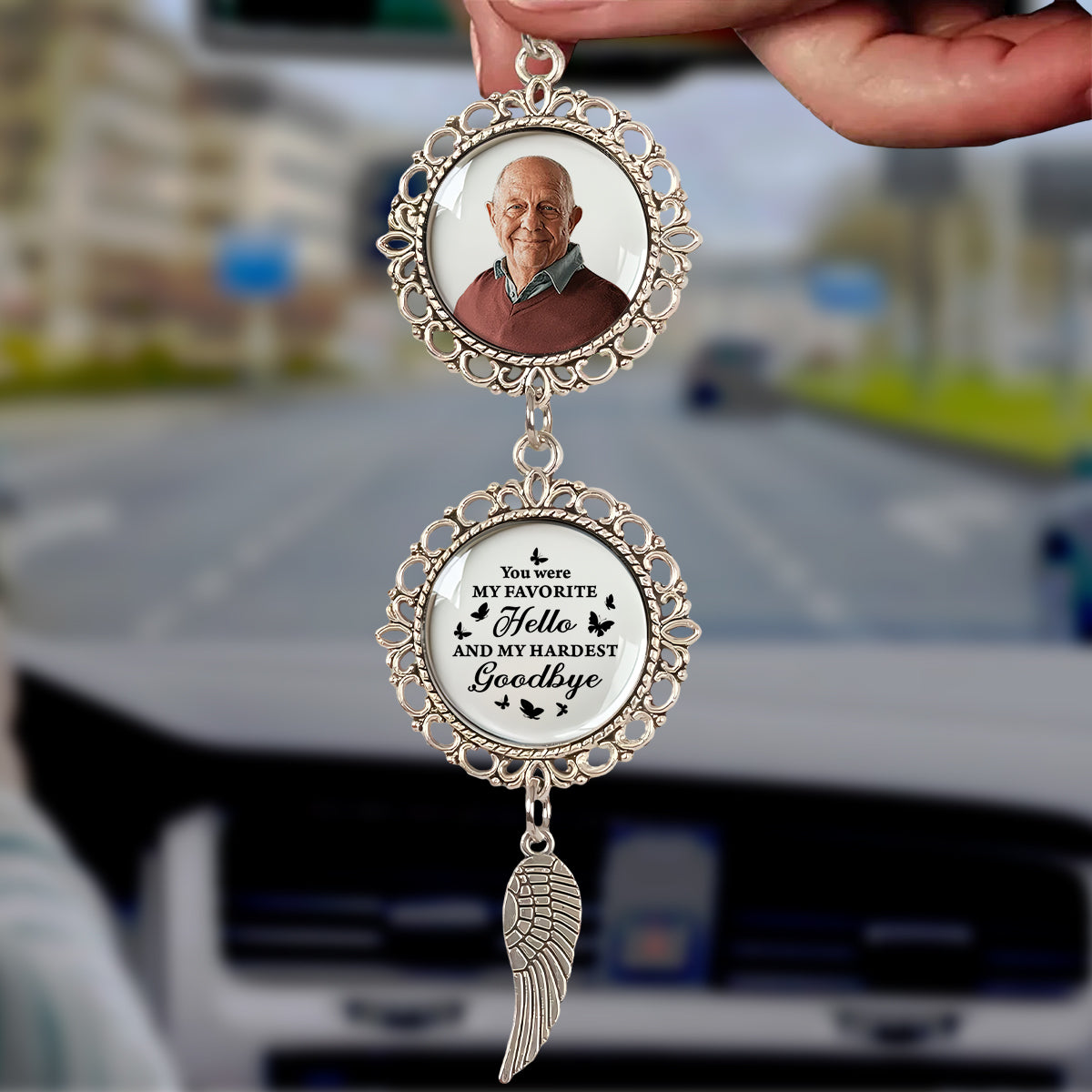 Personalized photo car ornament with angel charm. "I Have An Angel Watching Over Me" memorial gift.