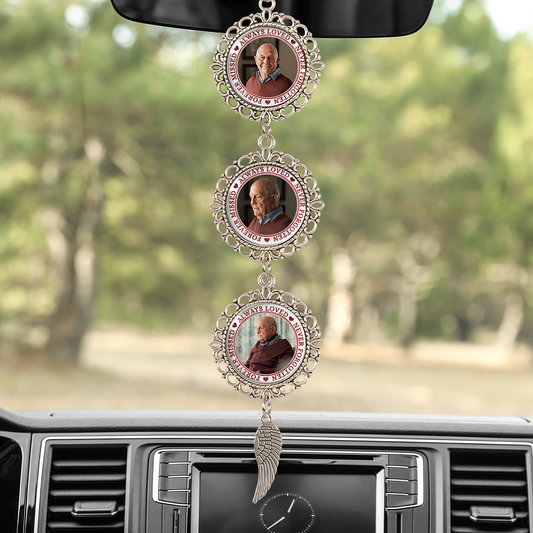 Personalized "I Have An Angel Watching Over Me" photo car ornament.