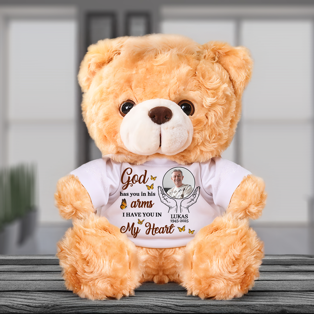 Personalized memorial teddy bear with "I Have You in My Heart" message. A comforting bereavement gift.
